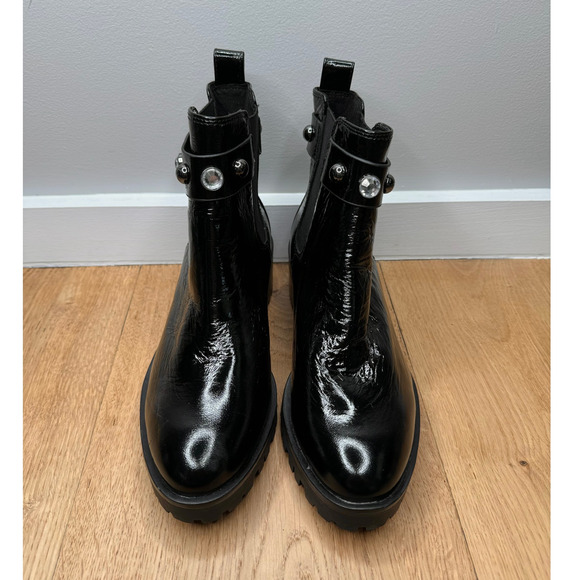 NEW Karl Lagerfeld Black Shiny Leather Porshay Lug Sole Studded Bootie Boot - Picture 2 of 9